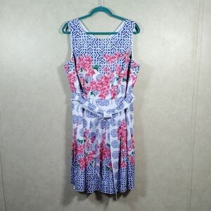 02544 Talbots blue & pink floral sleeveless fit & flare cotton dress 16WP